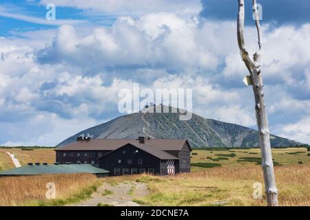 PEC pod Snezkou (Petzer) : cabane de montagne Lucni bouda (Wiesenbaude), vue sur la montagne Snezka ou Sniezka (Schneekoppe) à Krkonose (montagnes géantes, Riese Banque D'Images