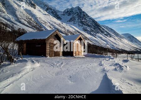 Des abris en bois le long d'une route couverte par des dérives de neige baignant dans le soleil de l'après-midi sur la rive d'un fjord dans les Alpes de Lyngen, dans le nord de la Norvège. Banque D'Images