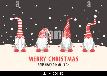 Carte postale Joyeux Noël. Quatre gnomes de Noël mignons vectoriels avec capuchons rouges de style plat sur fond sombre. Modèle de design pour Noël Illustration de Vecteur