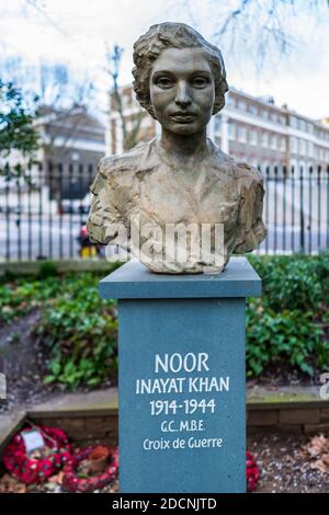 Statue du mémorial Noor Inayat Khan à Gordon Square Bloomsbury Londres. L'agent SOE Noor Inayat Khan 1914-1944 a reçu la Croix de George et la Croix de guerre. Banque D'Images