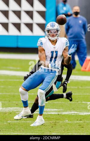 Charlotte, Caroline du Nord, États-Unis. 22 novembre 2020. Marvin Jones, grand receveur des Detroit Lions (11), regarde le ballon dans le quatrième trimestre de l'match de la NFL au stade Bank of America à Charlotte, en Caroline du Nord. (Scott Kinser/Cal Sport Media). Crédit : csm/Alay Live News Banque D'Images