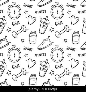 Dessin sans couture à la main de fitness, équipements de gym. Style d'esquisse Doodle. Élément sport dessiné par un stylo à brosse numérique. Illustration de l'icône, du cadre, de l'arrière-plan. Illustration de Vecteur