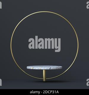 Illustration de rendu 3D de l'arrière-plan abstrait, anneau doré et support en marbre sur fond noir Banque D'Images