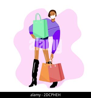 COVID -19 Shopping. Fille dans le masque fait des achats. Coronavirus concept vecteur plat. Achats sûrs. Illustration de Vecteur