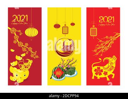 Bonne année chinoise 2021, année du boeuf. Jeu de bannières verticales. Modèle de bannière, affiche de style oriental Illustration de Vecteur