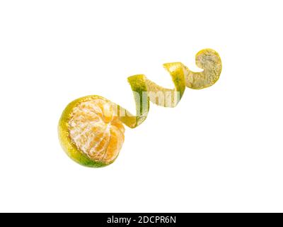 Mandarine verte mûre fraîche avec zeste en spirale. Tangerine verte à moitié pelée isolée sur fond blanc avec passe-cheveux Banque D'Images