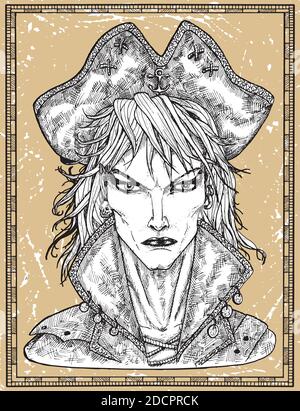 Portrait du capitaine pirate beau sur fond de texture. Illustration vectorielle gravée à la main de marin, de marin ou de marin dans un style ancien Illustration de Vecteur