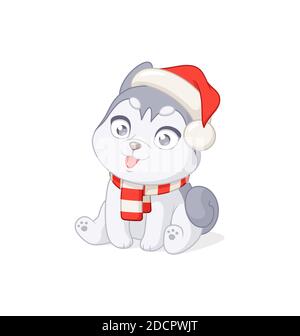 Mignon chiot husky en chapeau de Noël Père Noël. Illustration vectorielle sur fond blanc. Illustration de Vecteur