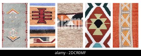 Ensemble de bannières verticales ou horizontales avec textures de tapis de laine berbère traditionnel avec motif géométrique, Maroc, Afrique Banque D'Images