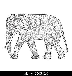 Motif noir et blanc pour colorier. Page de livre de coloriage avec éléphant de marche. Belle décoration africaine abstraite pour élément de design et adul Illustration de Vecteur
