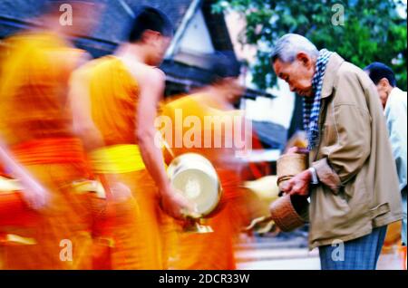 Les jeunes moines descendent dans les rues pour leurs almes matinales à Luang Prabang, au Laos. Dans la tradition bouddhiste, des centaines de moines sortent des temples et descendent dans la rue où les habitants les nourrissent en mettant du riz dans les bols qu'ils transportent. Banque D'Images