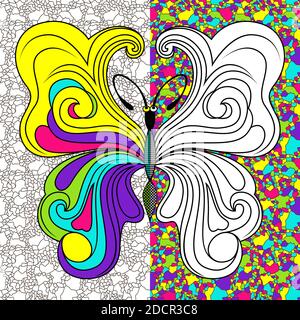 Pochoirs stylisés colorés de beau papillon sur fond de mosaïque, dessin à la main illustration vectorielle comme un livre de coloriage Illustration de Vecteur