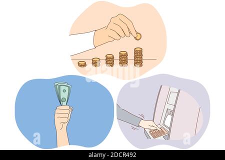 Économie d'argent, gagner de la richesse financière concept. Mains de personnes faisant des piles de pièces d'or, tenant tas d'argent, faisant le retrait sur distributeur automatique de billets Illustration de Vecteur