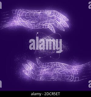 Mains polygonales et modèle d'atome. Style de cadre de fil. pièces humaines 3d. Banque D'Images