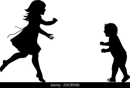 Silhouette de bonne fille de course à pied rencontrer petit frère. Illustration de Vecteur