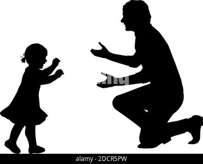 Silhouette de petite fille prenant les premiers pas vers lui père Illustration de Vecteur