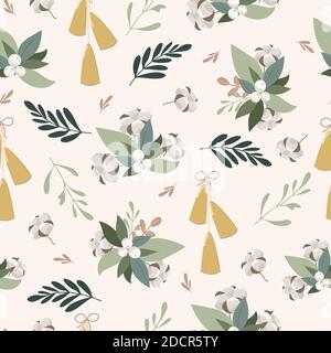 Motif de Noël à fleurs dessinées à la main et motif vectoriel avec cloches. Illustration de Vecteur