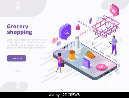 Concept en ligne de shopping d'épicerie. Écran de smartphone isométrique avec panier de supermarché, légumes, nourriture, boissons. Les utilisateurs par application sur les appareils mobiles font un achat, achètent des produits, des marchandises ou commandent la livraison Illustration de Vecteur