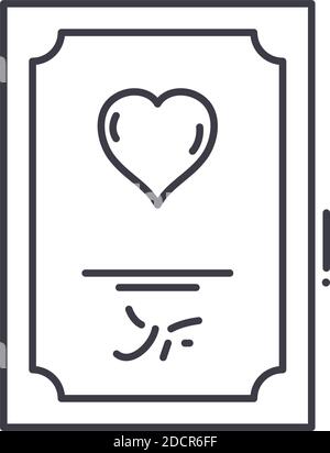 Icône de certificat de mariage, illustration isolée linéaire, vecteur de ligne mince, signe de conception Web, symbole de concept de contour avec trait modifiable sur blanc Illustration de Vecteur