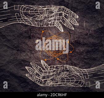 Mains polygonales et modèle d'atome. Style de cadre de fil. pièces humaines 3d. Banque D'Images