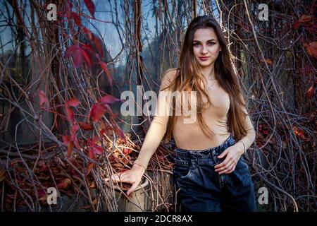 Une fille aux cheveux longs dans un body et un Jean posant dans un parc d'automne sur le fond d'un mur surcultivé avec des raisins sauvages. Filles dans le parc Banque D'Images