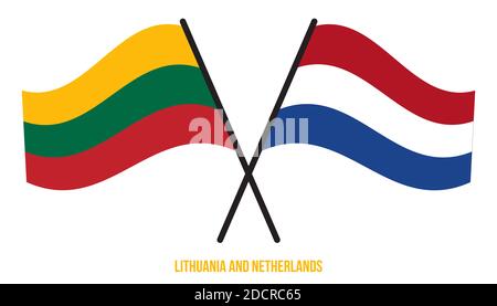 Lithuanie et pays-Bas drapeaux croisés et ondulant style plat. Proportion officielle. Corriger les couleurs. Banque D'Images