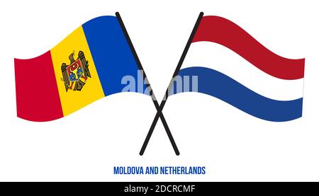 Moldavie et pays-Bas drapeaux croisés et ondulant le style plat. Proportion officielle. Corriger les couleurs. Banque D'Images