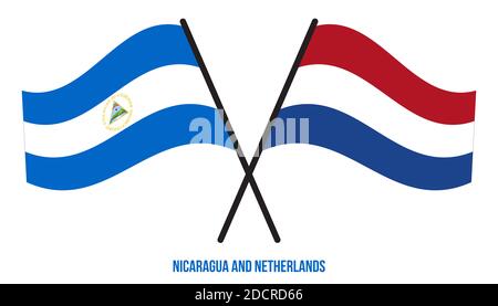 Drapeau du Nicaragua et des pays-Bas croisé et agitant le style plat. Proportion officielle. Corriger les couleurs. Banque D'Images