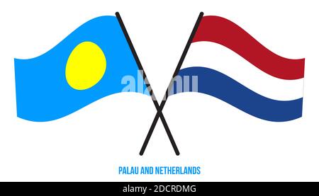 Palau et pays-Bas drapeaux croisés et ondulant style plat. Proportion officielle. Corriger les couleurs. Banque D'Images
