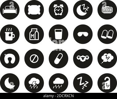 Icônes de sommeil ou de sommeil blanc sur cercle de conception plat noir Définir grand Illustration de Vecteur