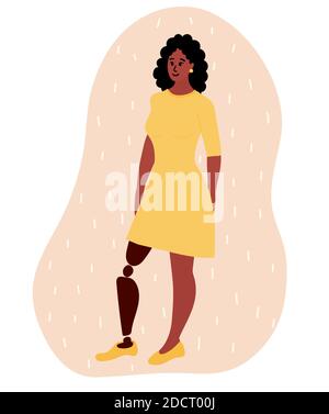 Une femme africaine noire avec une jambe artificielle se tient souriante. Robe jaune. Illustration vectorielle représentant une femme handicapée au niveau d'une prothèse de jambe. Co. Inclusion Illustration de Vecteur