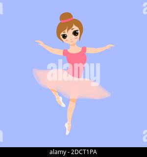 Jolie petite ballerine dansant. Ballerina fille en robe tutu rose. Belle illustration de dessin animé à plat pour enfant isolée sur fond bleu. Illustration de Vecteur