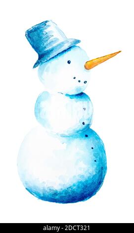 Bonhomme de neige aquarelle avec sourire gai dans le style puéril isolé sur fond blanc. Illustration peinte. Banque D'Images