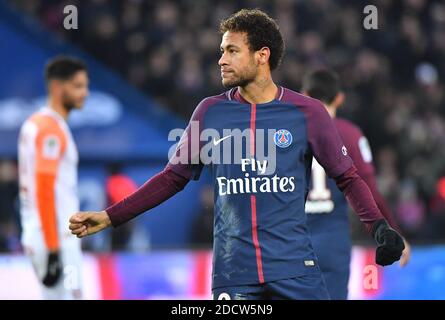 Naymar Jr du PSG célèbre lors du match de football de la Ligue 1 Paris Saint-Germain (PSG) contre Montpellier au stade du Parc des Princes à Paris, France, le 27 janvier 2018. PSG a gagné 4-0. Photo de Christin Liewig/ABACAPRESS.COM Banque D'Images