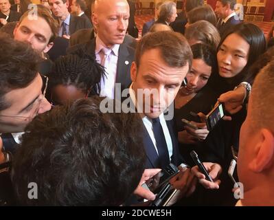 Le président français Emmanuel Macron présente ses vœux du nouvel an à la presse à l'Elysée Palace de Paris, France, le 3 janvier 2018. Photo de Christian Liewig/ABACAPRESS.COM Banque D'Images