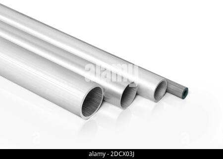 Barres d'aluminium empilées sur fond blanc. Tiges en aluminium Banque D'Images