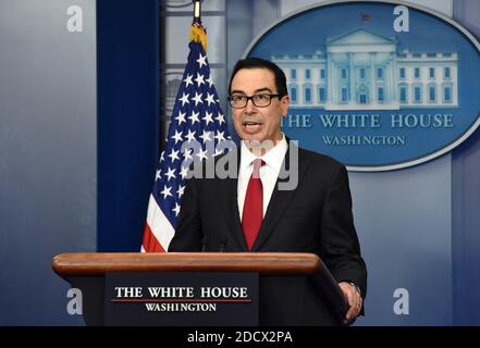 Le secrétaire au Trésor Steven Mnuchin parle lors de la séance d'information de la Maison Blanche le 11 janvier 2018 à Washington, DC. Photo par Olivier Douliery/Abaca Press Banque D'Images