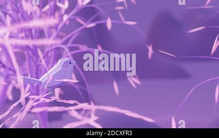 oiseau polypolygonal bas assis sur une branche pourpre arbre dans la forêt de fées, rendu 3d Banque D'Images
