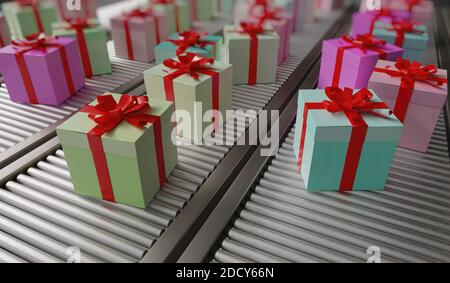 Livraison de cadeaux de Noël. De nombreux cadeaux sur convoyeur. Illustration de rendu 3D. Banque D'Images