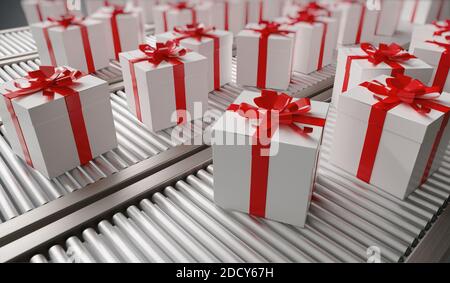 Livraison de cadeaux de Noël. De nombreux cadeaux sur convoyeur. Illustration de rendu 3D. Banque D'Images