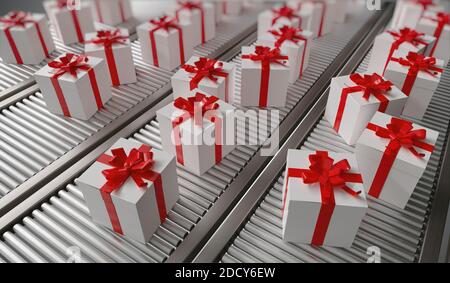 Livraison de cadeaux de Noël. De nombreux cadeaux sur convoyeur. Illustration de rendu 3D. Banque D'Images