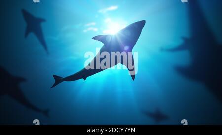 Silhouettes de requins sous l'océan contre la lumière vive. Illustration de rendu 3D. Banque D'Images