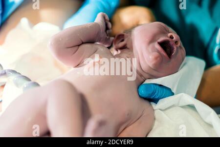 Nouveau-né bébé garçon toujours avec le cordon ombilical le reliant à mère Banque D'Images