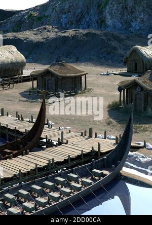 Rendu 3D d'un village médiéval vikings Banque D'Images