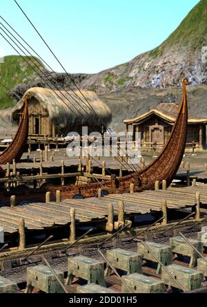 Rendu 3D d'un village médiéval vikings Banque D'Images