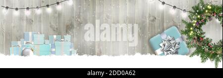 Belle invitation de Noël pour la fête du nouvel an, bannière sur bois. Décoration de Noël horizontale avec flocons de neige, boîtes cadeaux de Noël en 3D, guirlande de lumières, couronne de Noël sur bois. Rendu 3D. Copier l'espace Banque D'Images