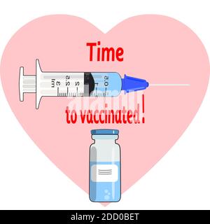 Il est temps de se faire vacciner. Le concept de la seringue plate avec vaccin. Une bouteille de médicament, dans le coeur. Illustration Banque D'Images