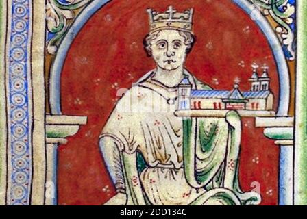 LE ROI JEAN D'ANGLETERRE (1166-1216) y est présenté avec son abbaye cistercienne de Beaulieu de l'Historia Anglorum de Matthew Paris, produit entre 1250 et environ 1255 Banque D'Images