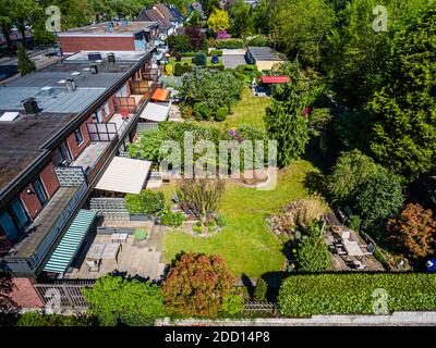 Vue aérienne de maisons mitoyennes allemandes typiques avec jardins reliés à Bottrop, Allemagne Banque D'Images