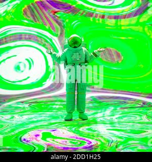 l'astronaute dit ce qui se passe dans un fond psychédélique, l'illustration 3d Banque D'Images